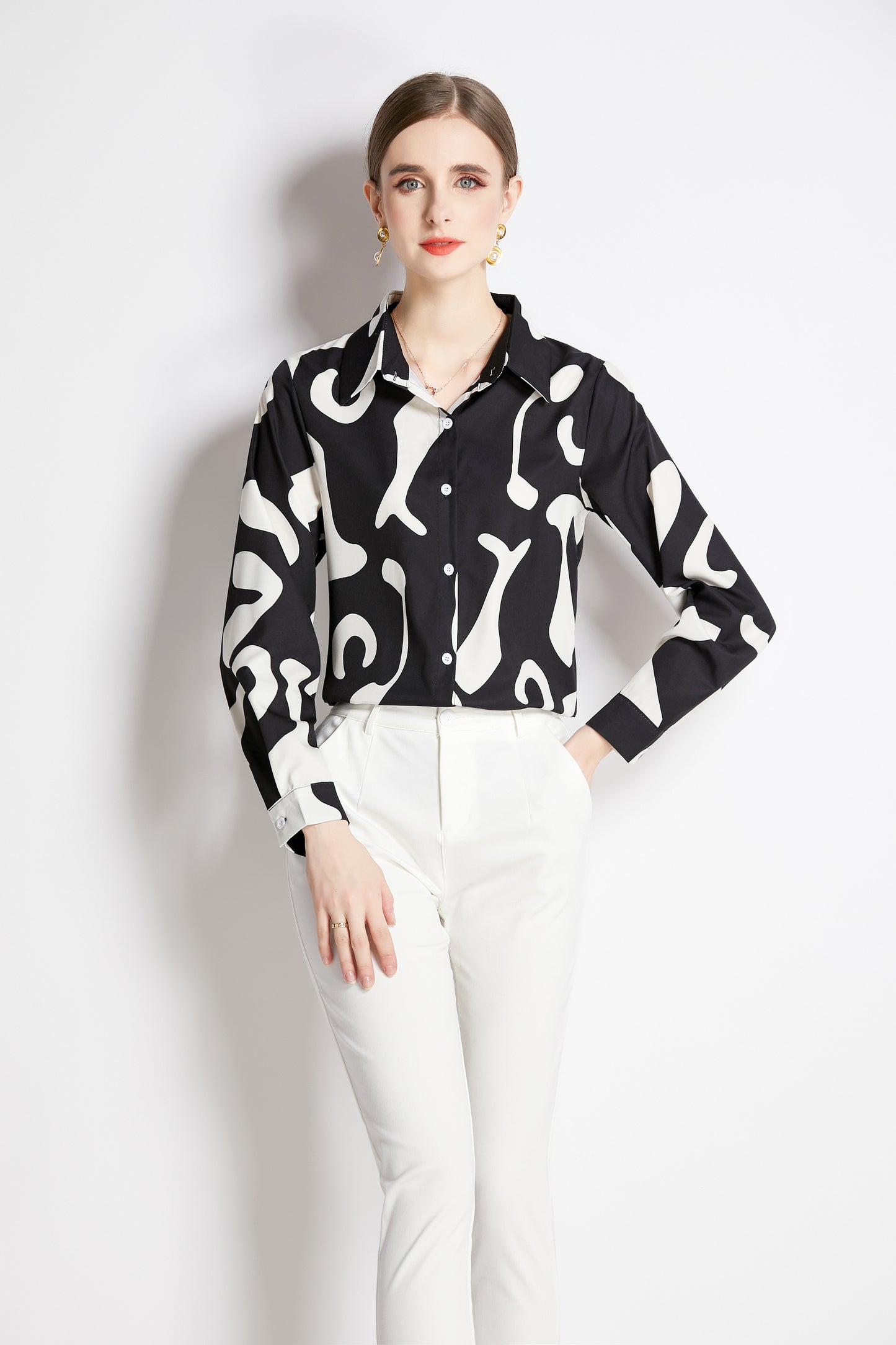 ESY-Women's Long Sleeve Lapel Collar Print Button Blouse