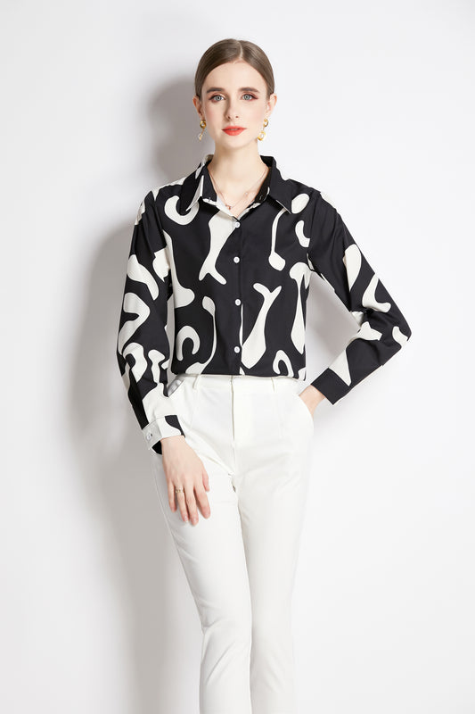 ESY-Women's Long Sleeve Lapel Collar Print Button Blouse - LAI MENG FIVE CATS