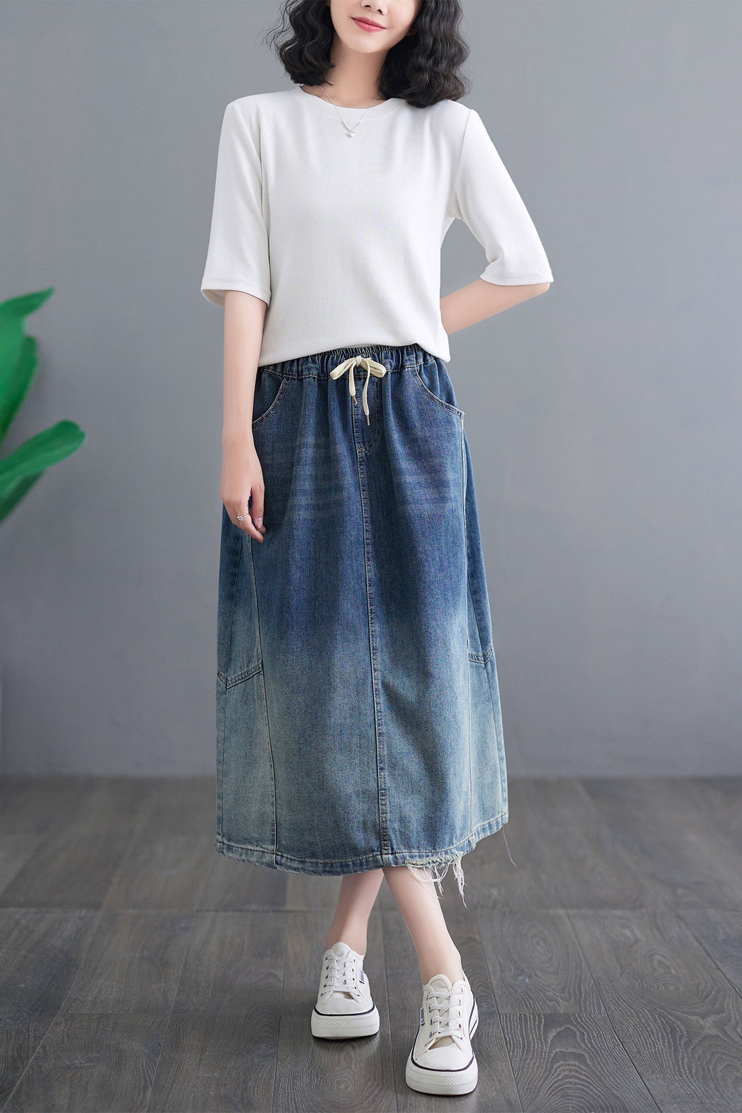 Denim Elastic Waist Midi Skirt with Pockets