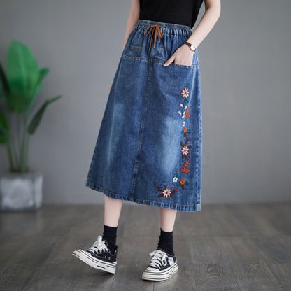 Women's Denim Drawstring Waist Pockets Jean Skirt