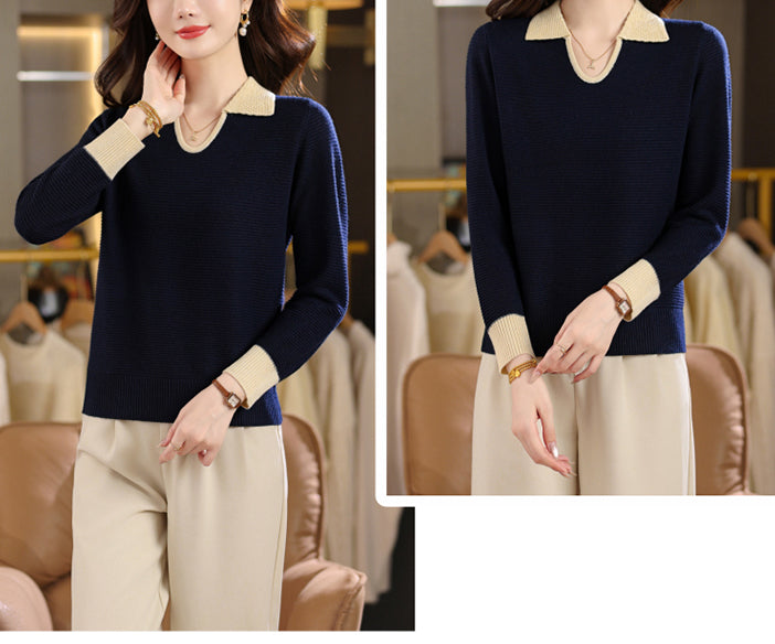 Chic Contrast Collar Ribbed Knit Top – Women's Polo V-Neck Sweater - LAI MENG FIVE CATS