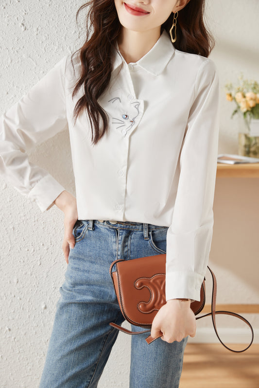 Women's V Neck Lantern Sleeve Blouse Button Tops - LAI MENG FIVE CATS