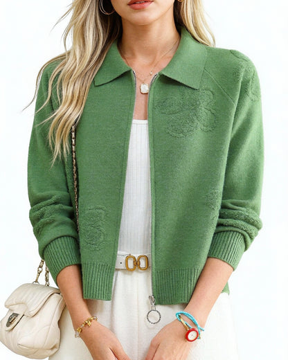 Textured Knit Zip-Up Cardigan Polo Collar Cropped Outerwear