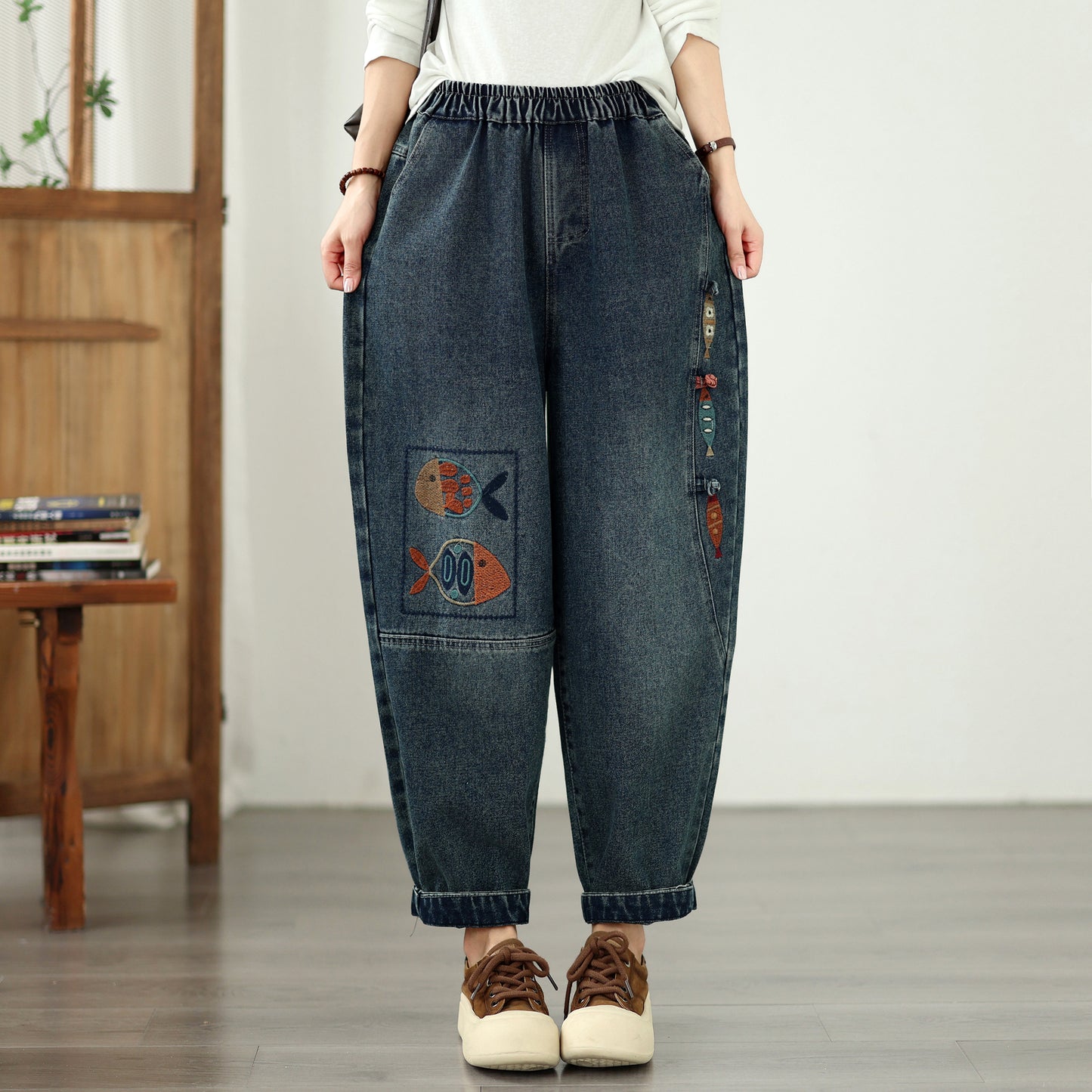 Vintage Wide-Leg Jeans Embroidered Denim Harem Pants