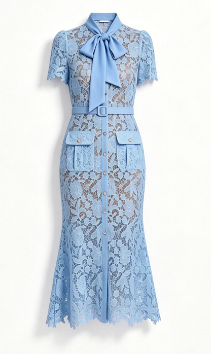 Powder Blue Lace Bow Midi Dress