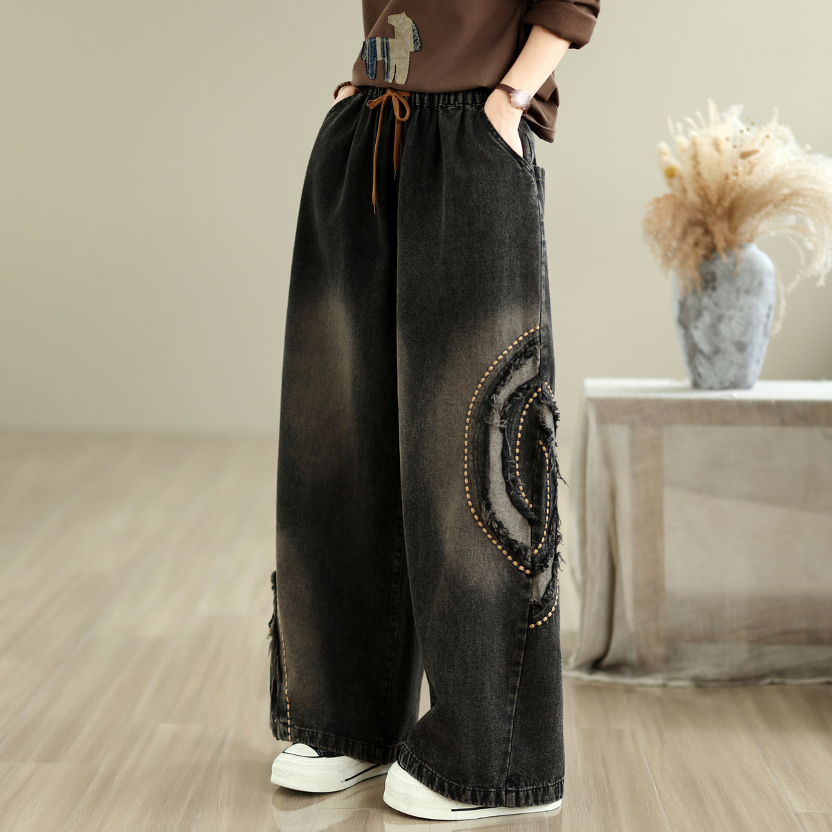 28670-Vintage Black Denim Wide-Leg Pants with Distressed Patch & Drawstring Waist