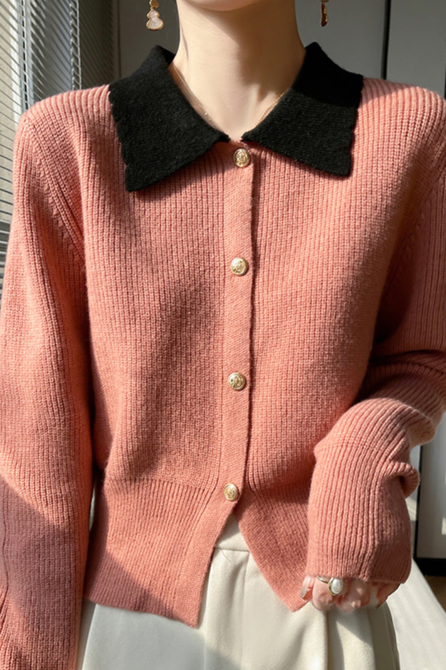 Women's Lapel V Neck Cardigan Sweater Knit Blouse