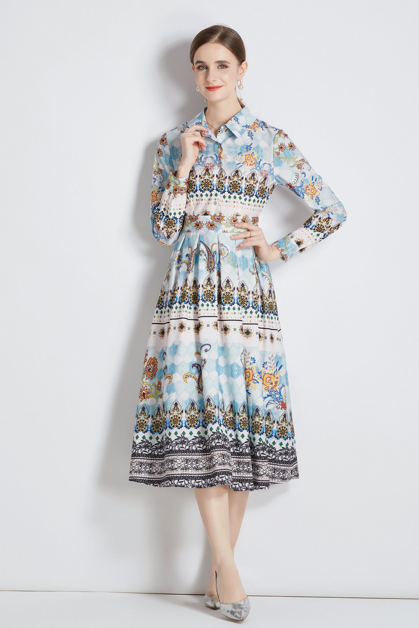 FSY-Women's 3/4 Sleeve Floral Print Button Midi Dress - LAI MENG FIVE CATS