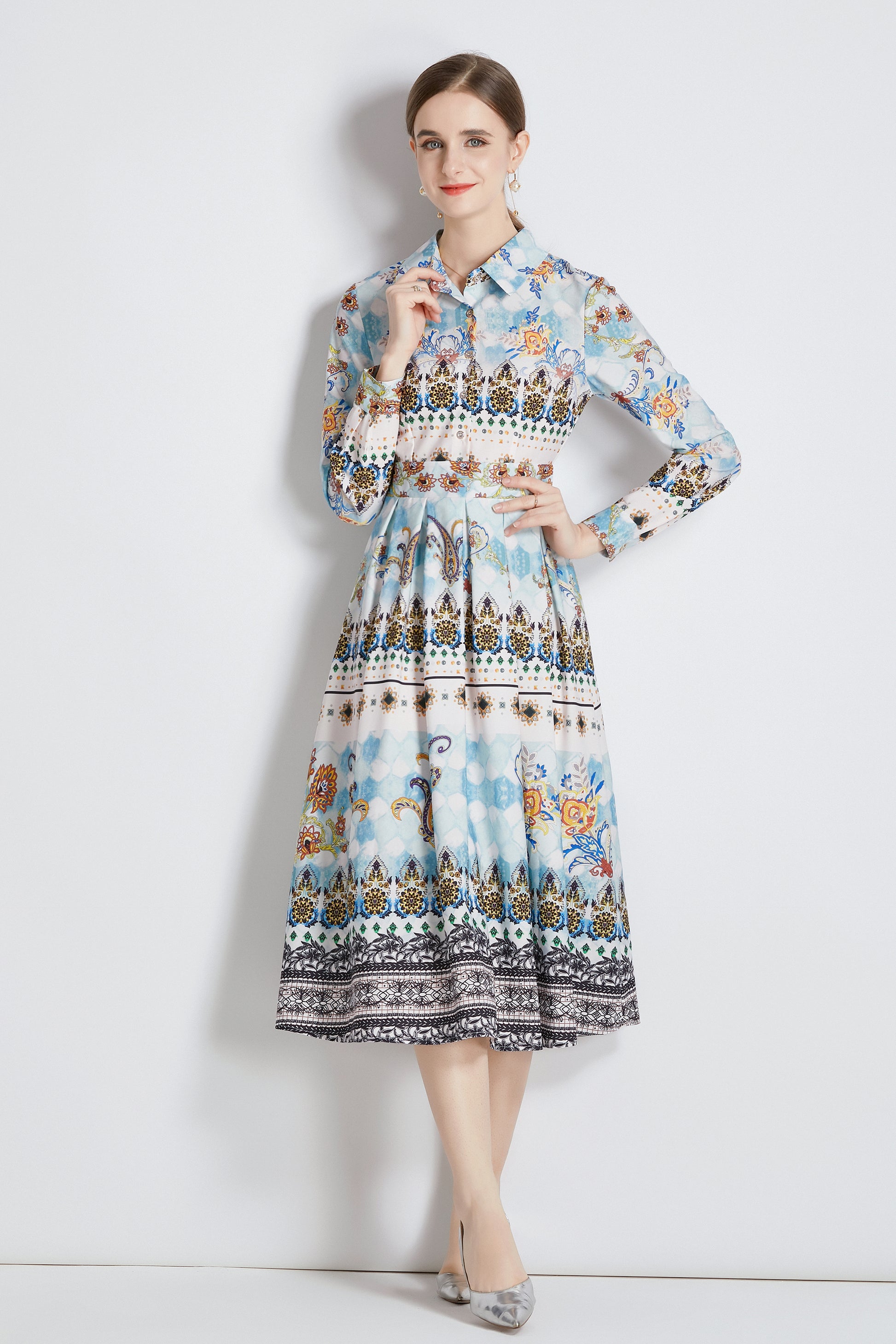 FSY-Women's 3/4 Sleeve Floral Print Button Midi Dress - LAI MENG FIVE CATS