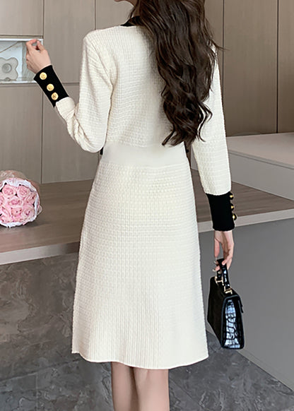 28701 Gold-Button Knit Mini Dress – Black & Ivory