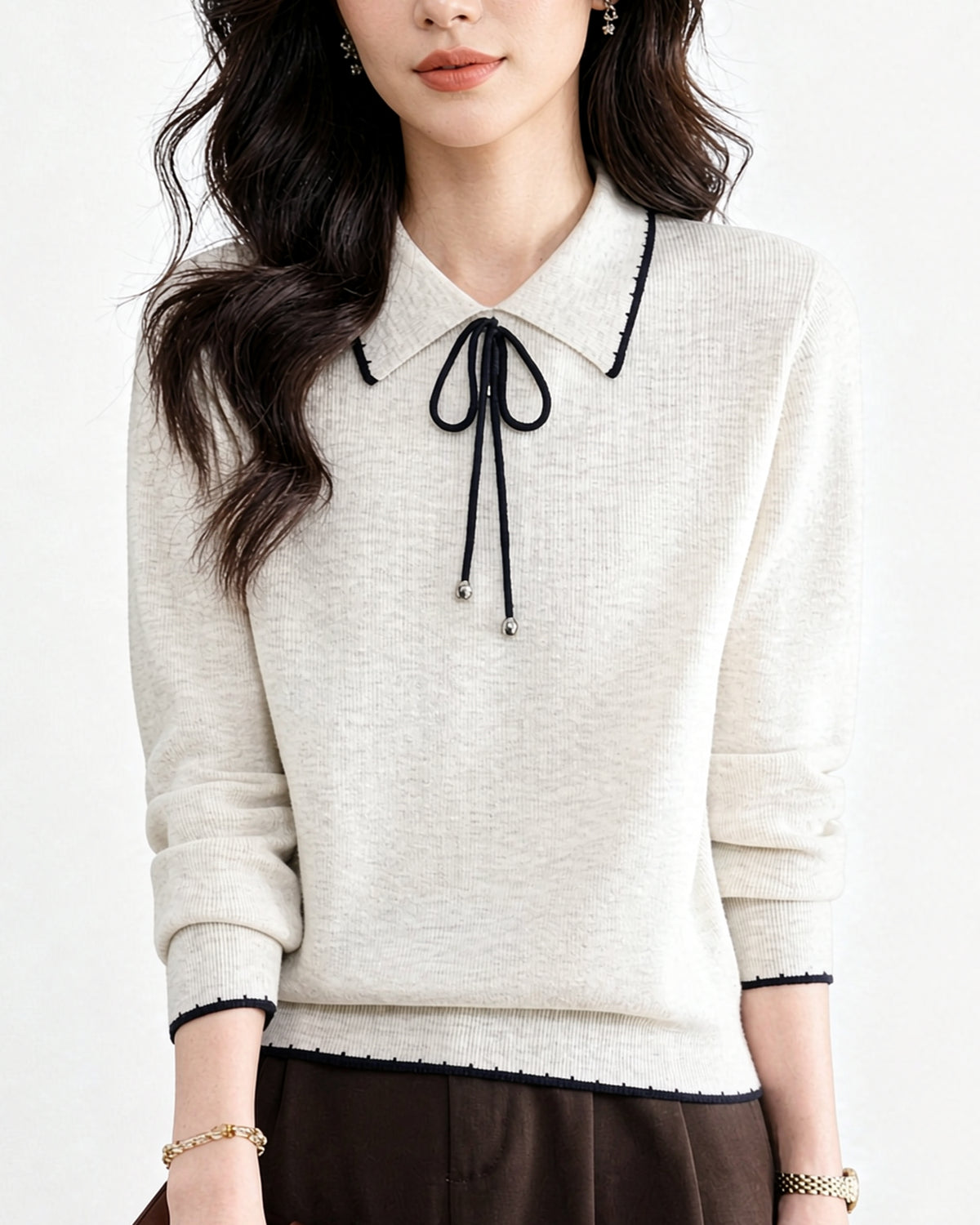 Contrast Trim Bow Collar Knit Top Long Sleeve Soft Sweater