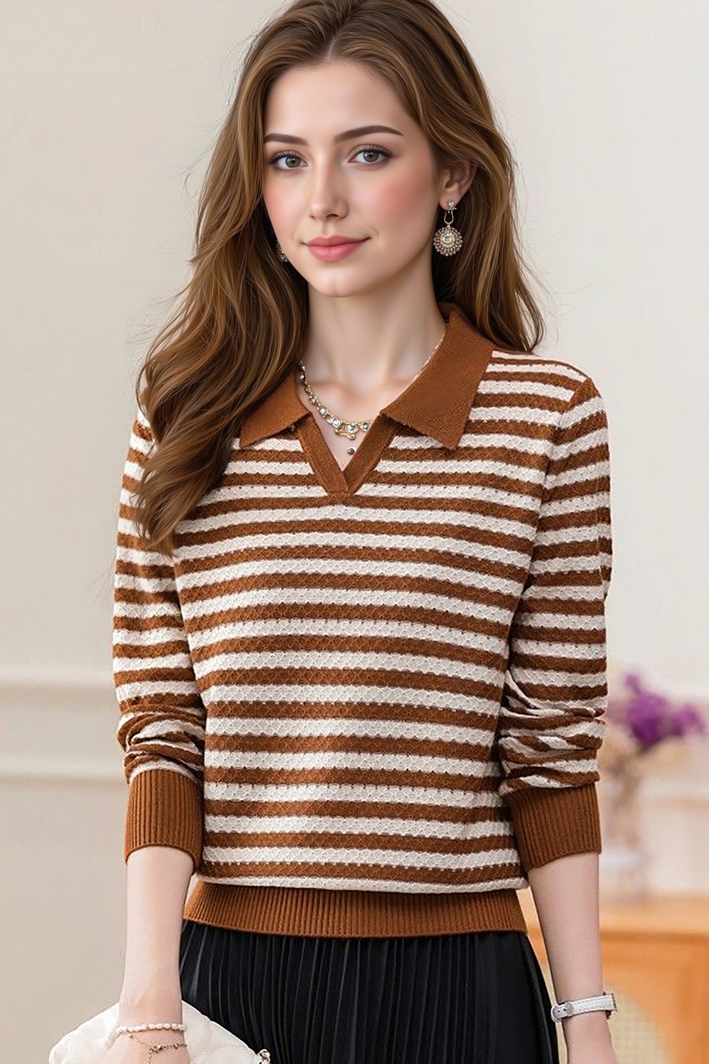 Women's Striped Sweater Lapel Ribbed Pullover Knit