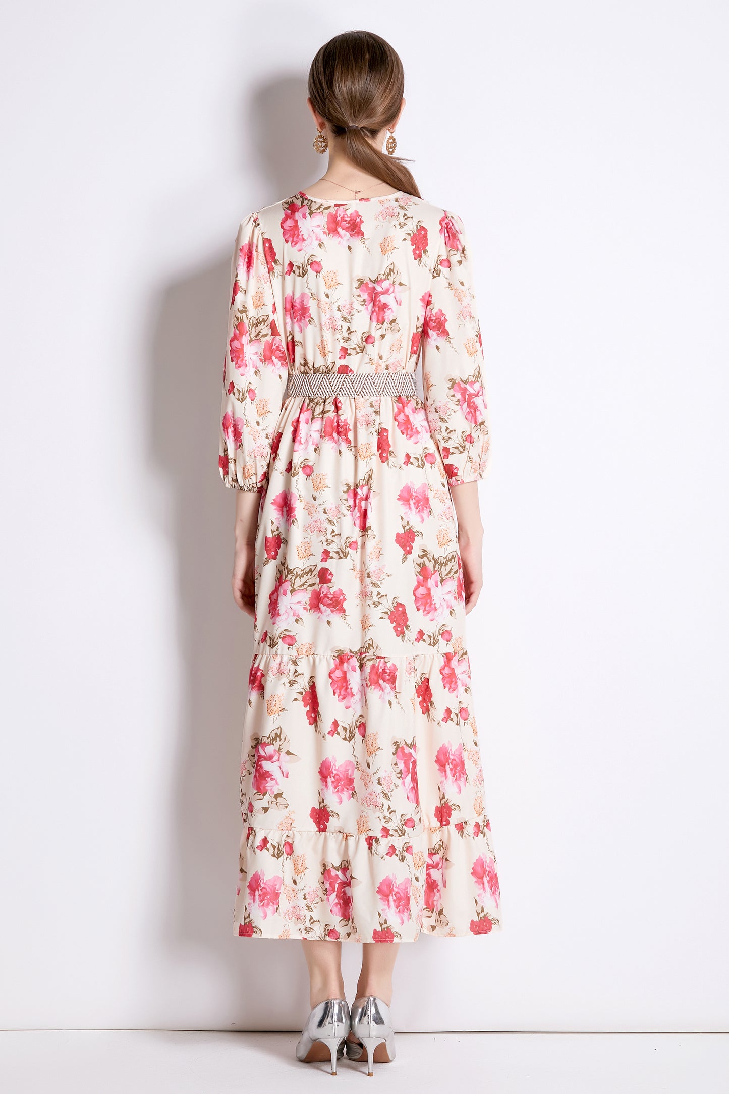 SSY-Women's Cutout Neck Floral Print 3/4 Sleeve Maxi Dress