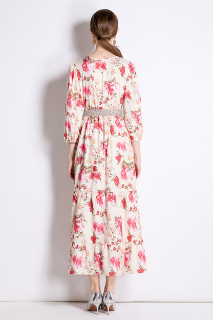 SSY-Women's Cutout Neck Floral Print 3/4 Sleeve Maxi Dress