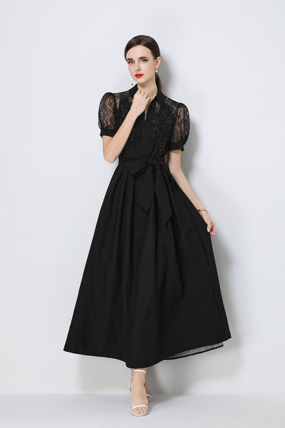Elegant V-Neck Puff Sleeve Lace Jacquard Maxi Black Dress