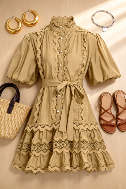 Khaki Lace Trim Mini Dress – Relaxed Quiet Luxury Summer Style