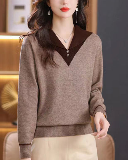 Chic Contrast Collar Knit Sweater - Elegant V-Neck Pullover