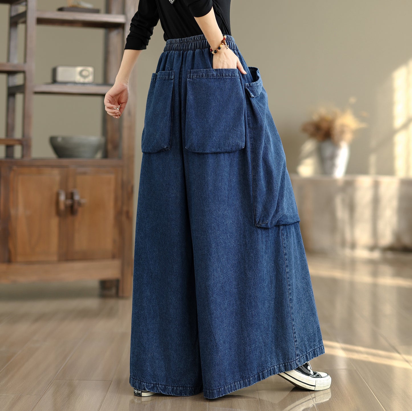 Women's Oversized Denim Wide Leg Pants Drawstring with Large Pockets