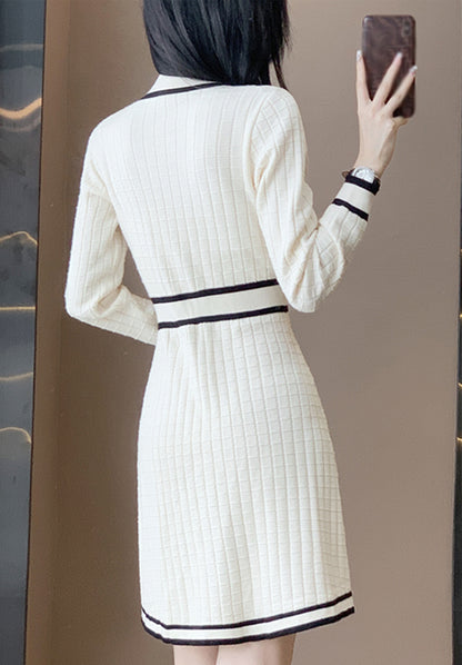 Women's  Knit Dress  Long Sleeve  V- Neck Elegant Casual  Mini Dress