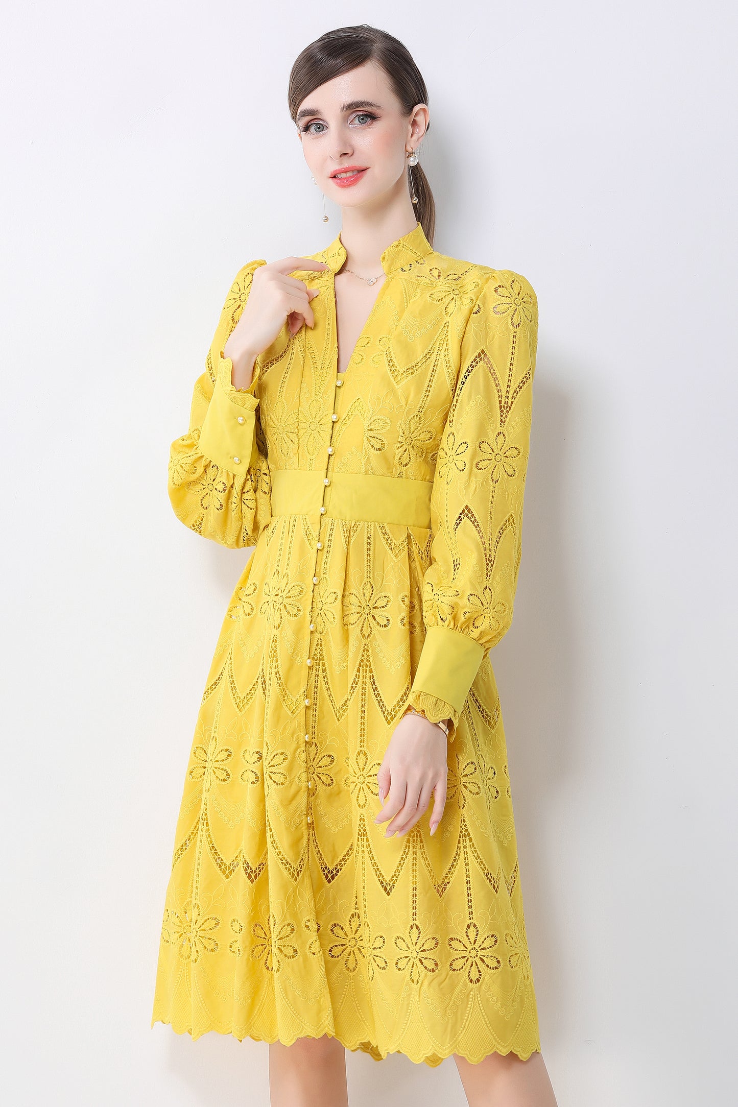 Women's V-Neck Long Sleeve Hollow Out Lace Midi Dress