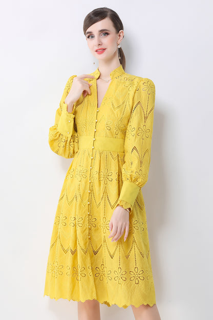 Women's V-Neck Long Sleeve Hollow Out Lace Midi Dress