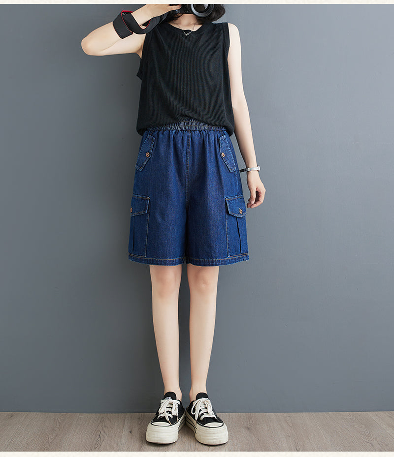 Women's High Waisted Baggy Jean Wide Leg Denim Shorts - LAI MENG FIVE CATS