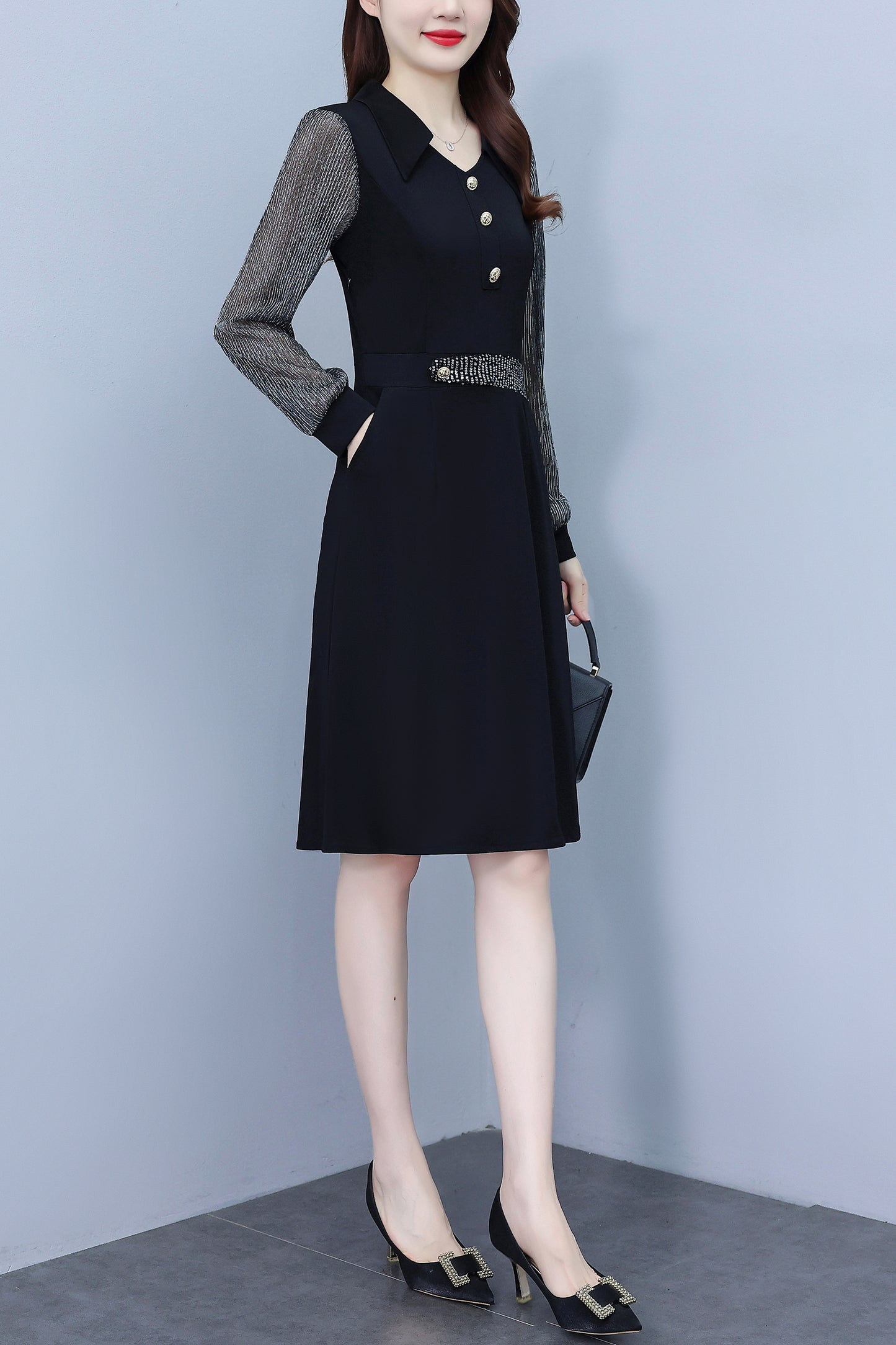 Women's V-Neck Long Sleeve with Pockets Black Dress