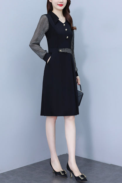 Women's V-Neck Long Sleeve with Pockets Black Dress