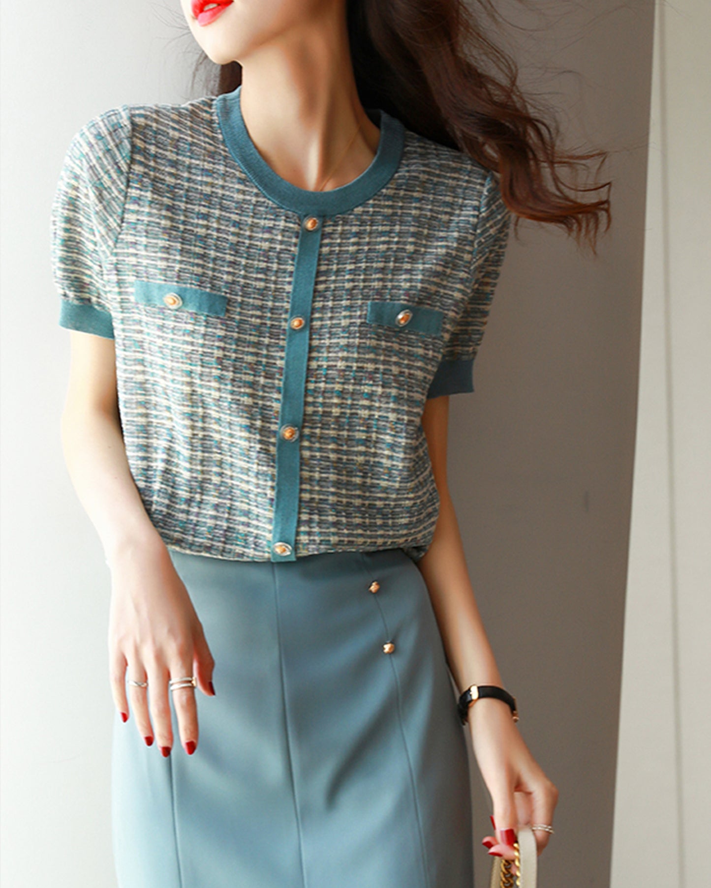 Chic Short-Sleeve Tweed Knit Top Short Sleeve Effortless Shirt