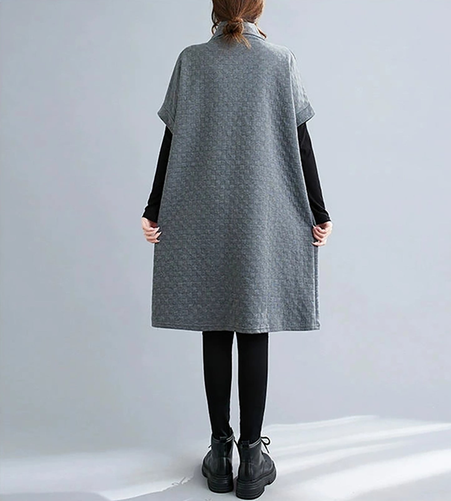 High Collar Loose Pullover Dress with Pocket