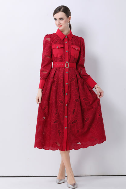 Women's Embroidery Hollow Out Lace Midi Dress - LAI MENG FIVE CATS