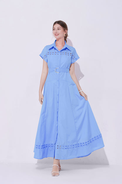 Women's Collar Hollow Cap Sleeve  Maxi Dress