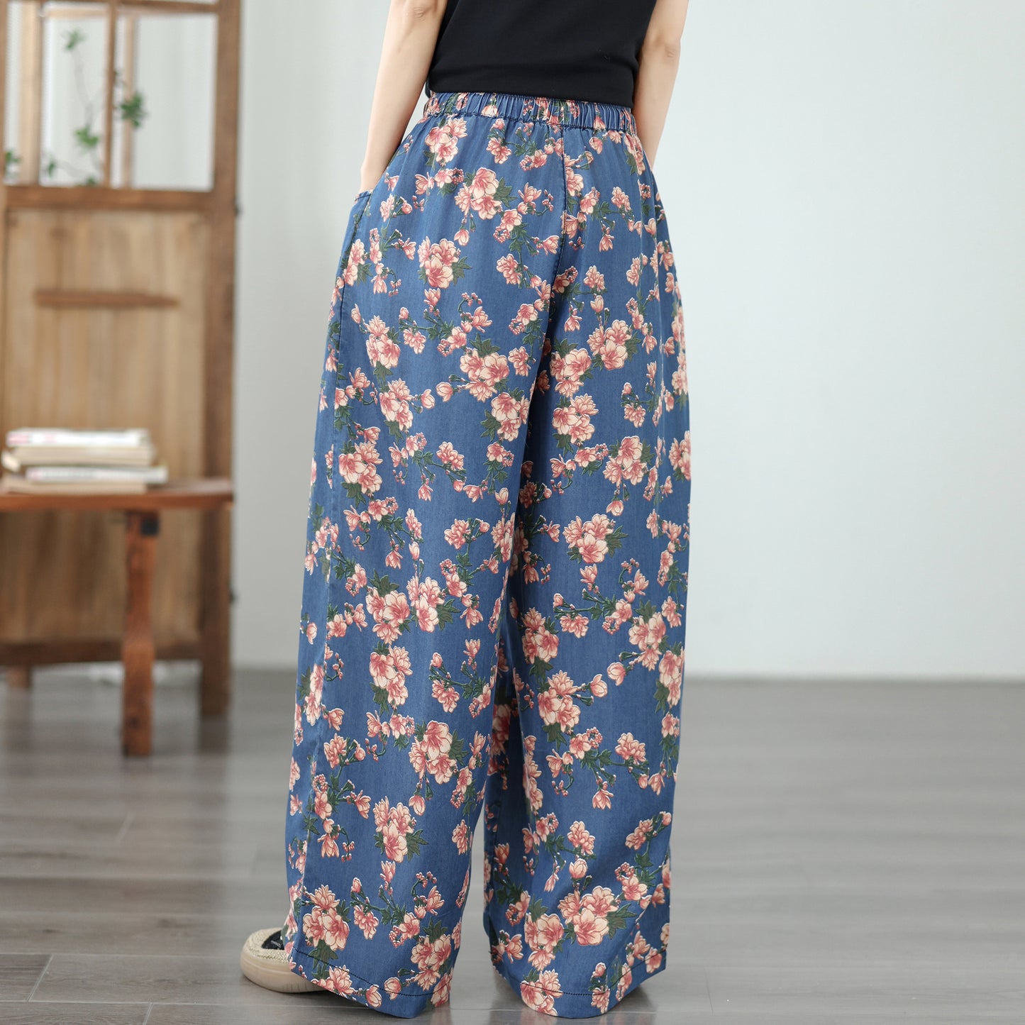 Women's Wide Leg Jeans Lightweight Wasited Elastic Print Y2K Pants - LAI MENG FIVE CATS