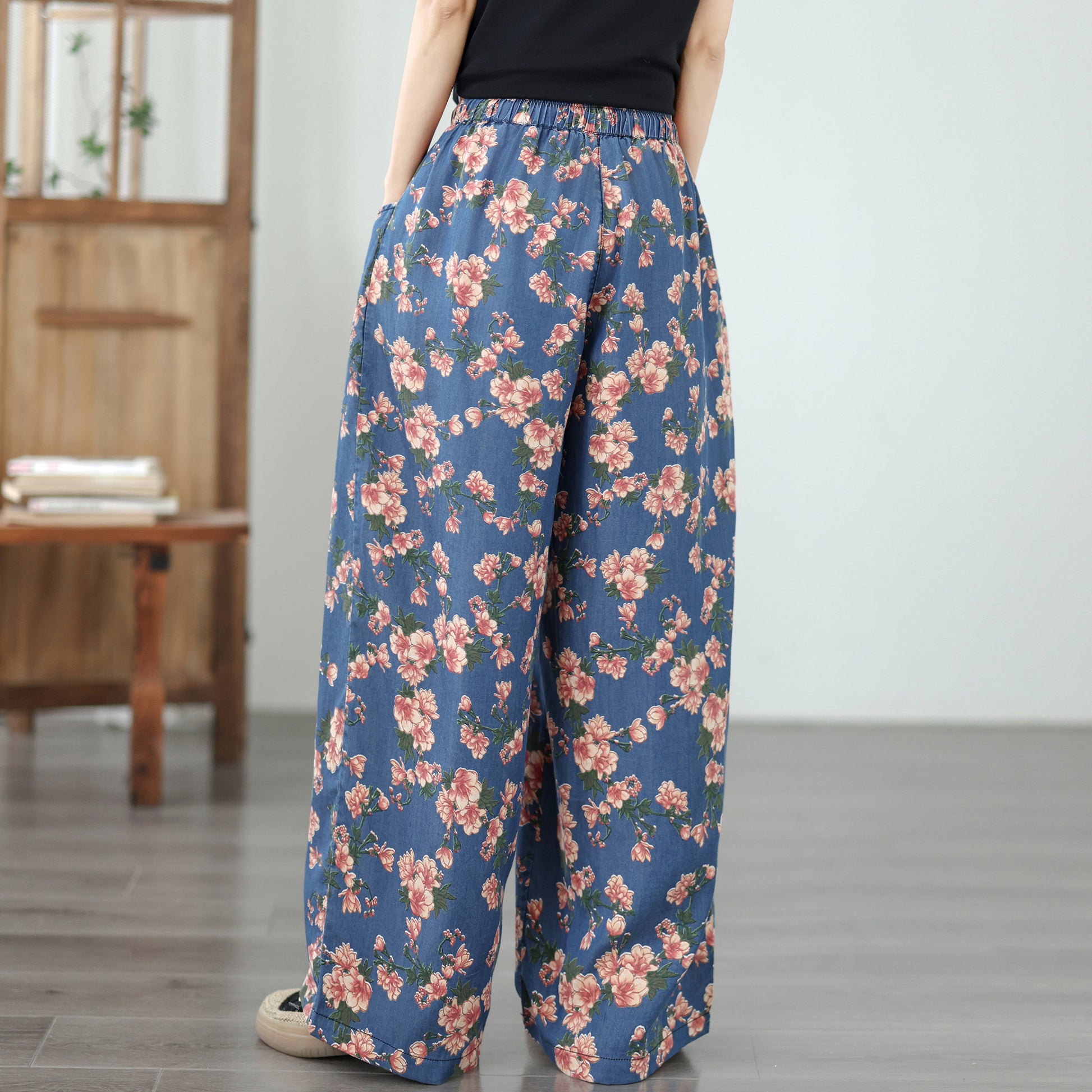 Women's Wide Leg Jeans Lightweight Wasited Elastic Print Y2K Pants - LAI MENG FIVE CATS