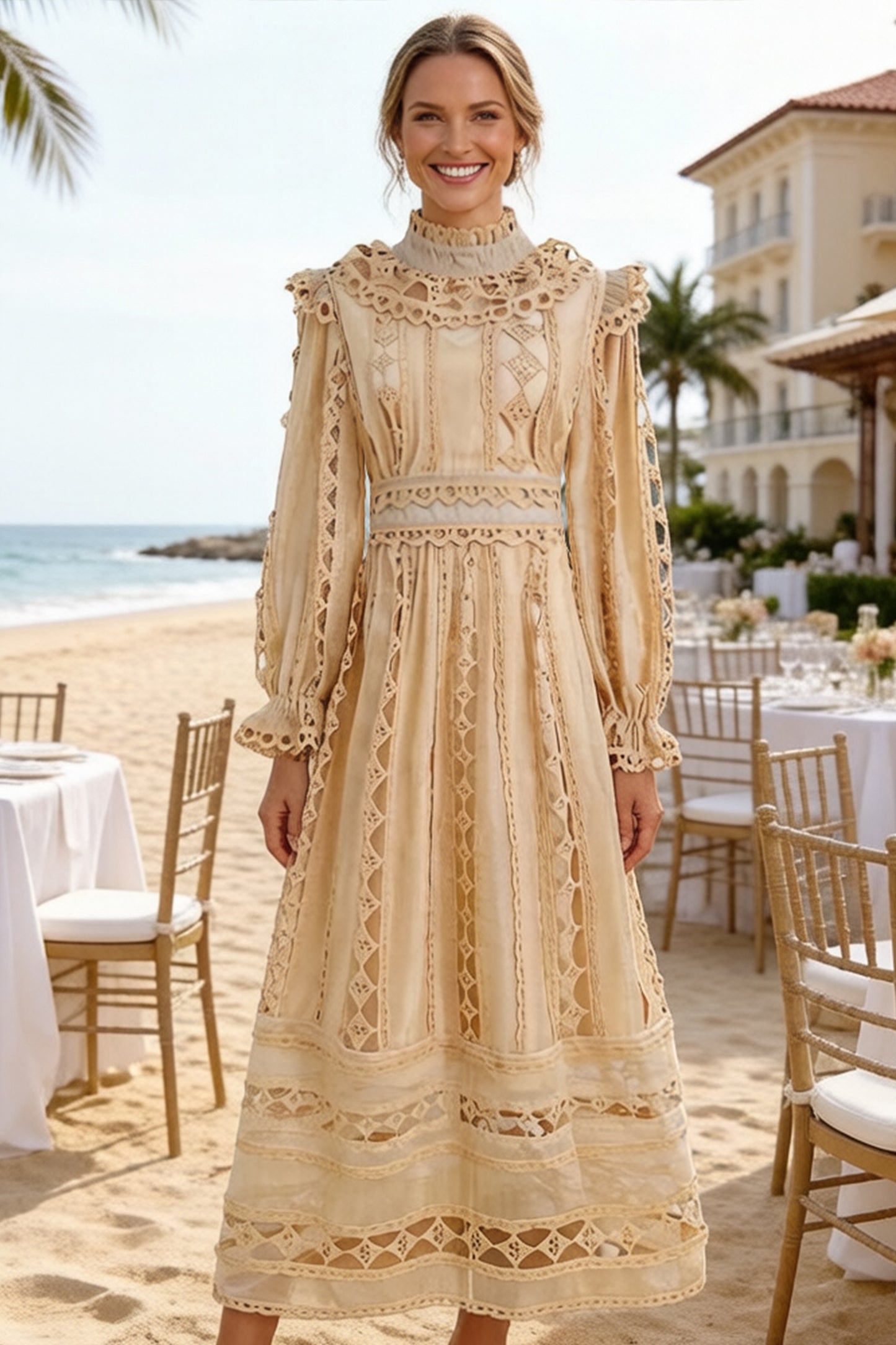 Elegant French-Inspired Lace Hollowed-out Maxi Dress