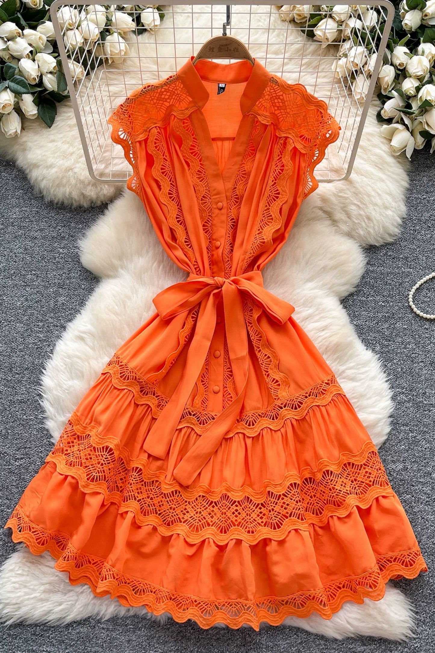 Women's Lace Sleeveless V-Neck Ruffle Midi Dress