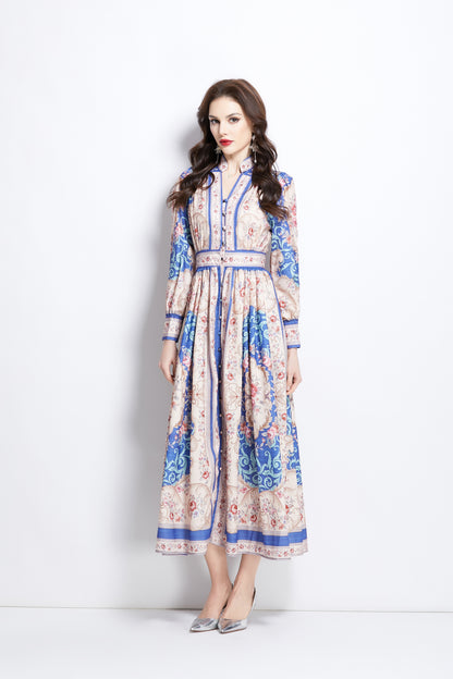 Women's Floral Print V-Neck Button up Slit Maxi Dress