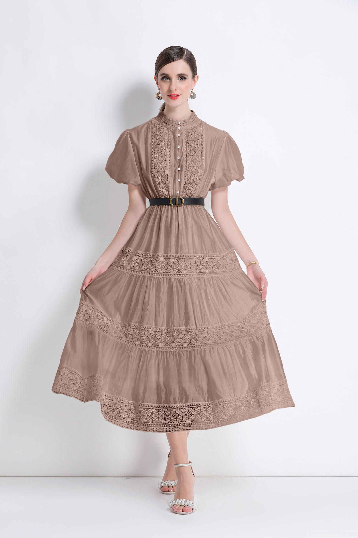Women's Puff Sleeve Button Lace Midi Dress