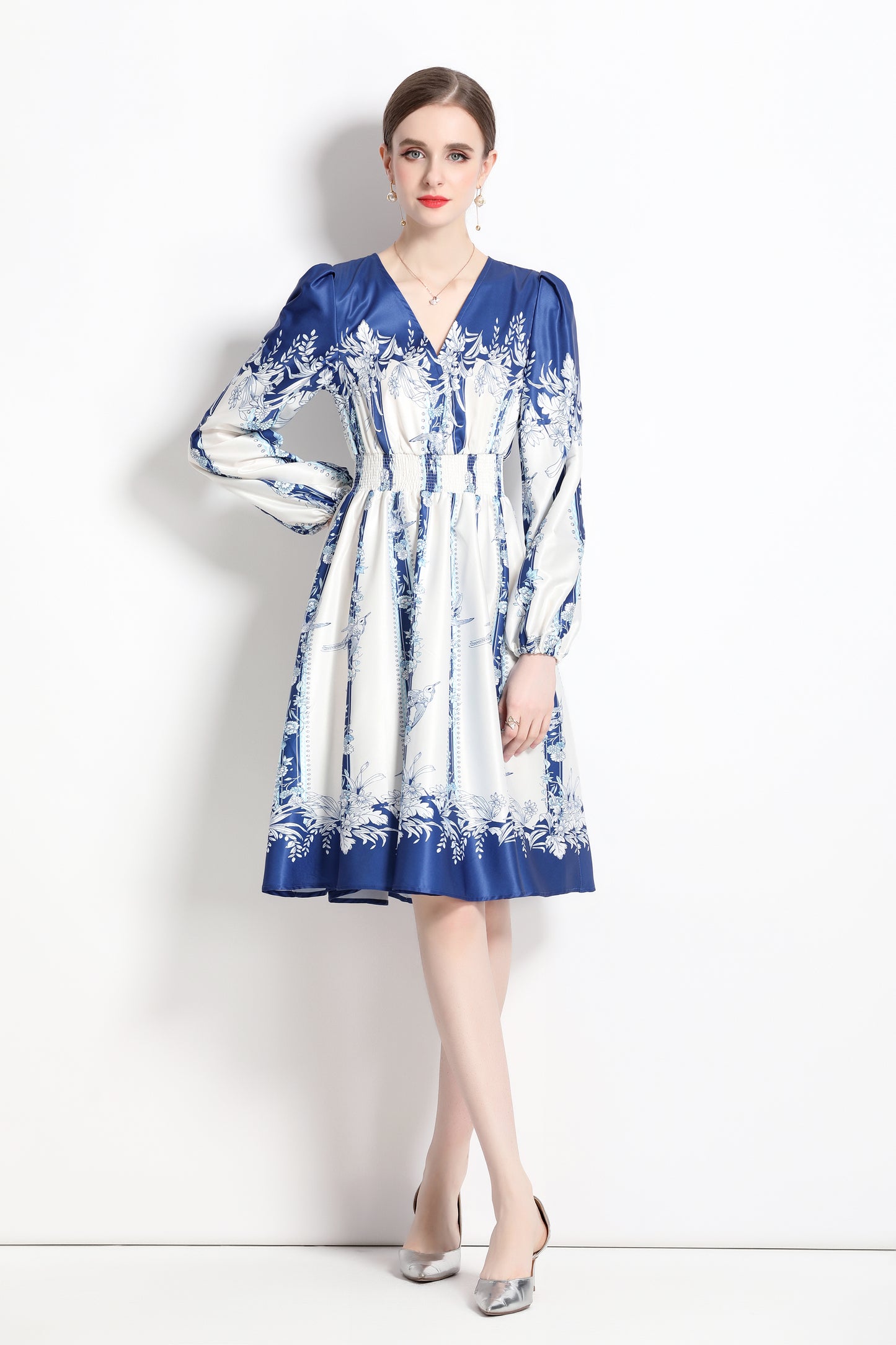 SSY-Women's Floral Print V-Neck Long Sleve Mini Dress