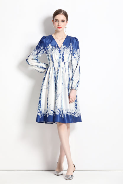 SSY-Women's Floral Print V-Neck Long Sleve Mini Dress