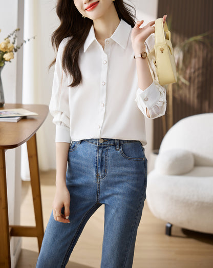 Women's Lapel Collar Long Sleeve Casual Button Blouse - LAI MENG FIVE CATS