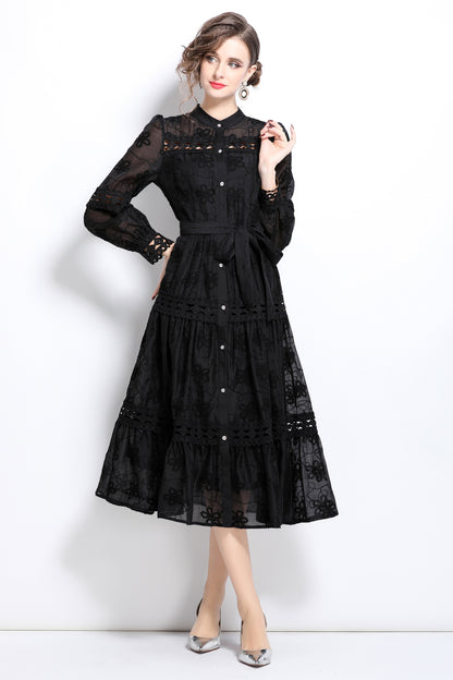 Womens Lace Tulle Hollow Ruffle Button Midi Dress