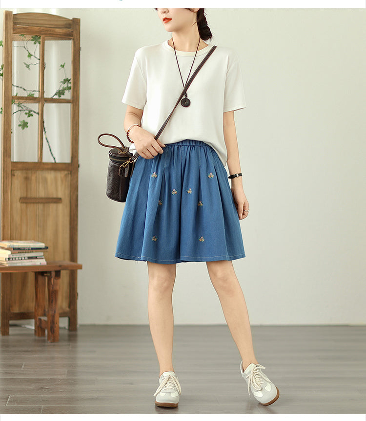 Women's High Waisted Baggy Jean Wide Leg Denim Shorts - LAI MENG FIVE CATS