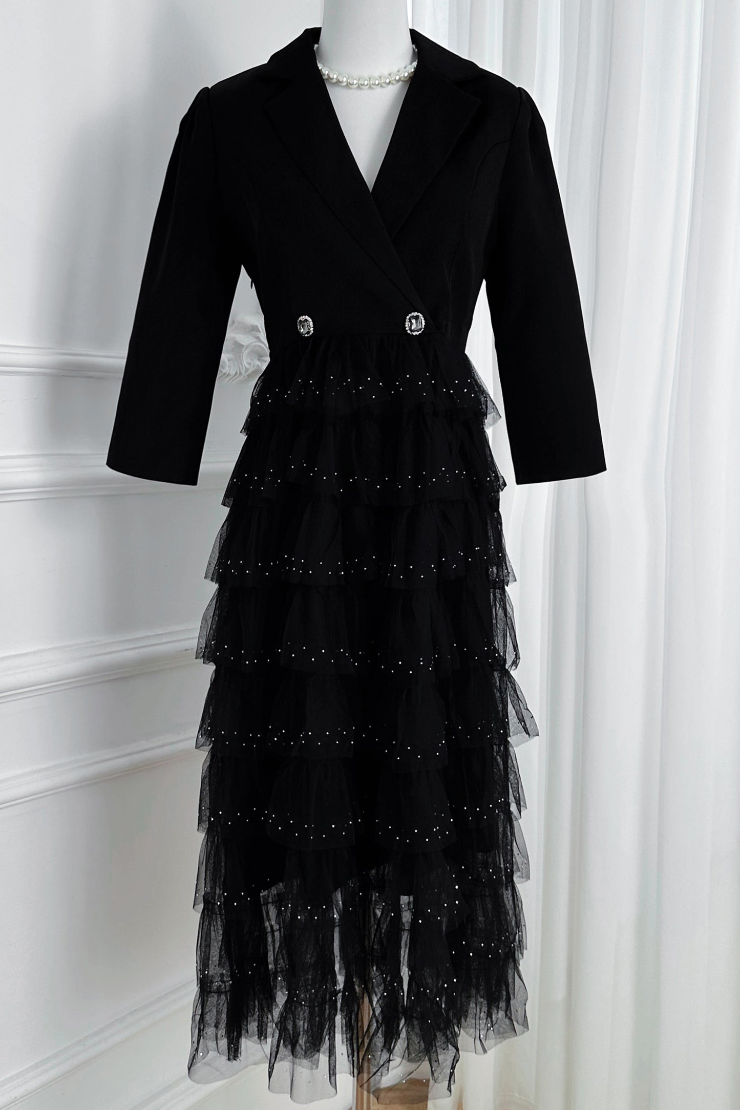 Women's Blazer Dresses Tulle Ruffle Mesh Midi Dress