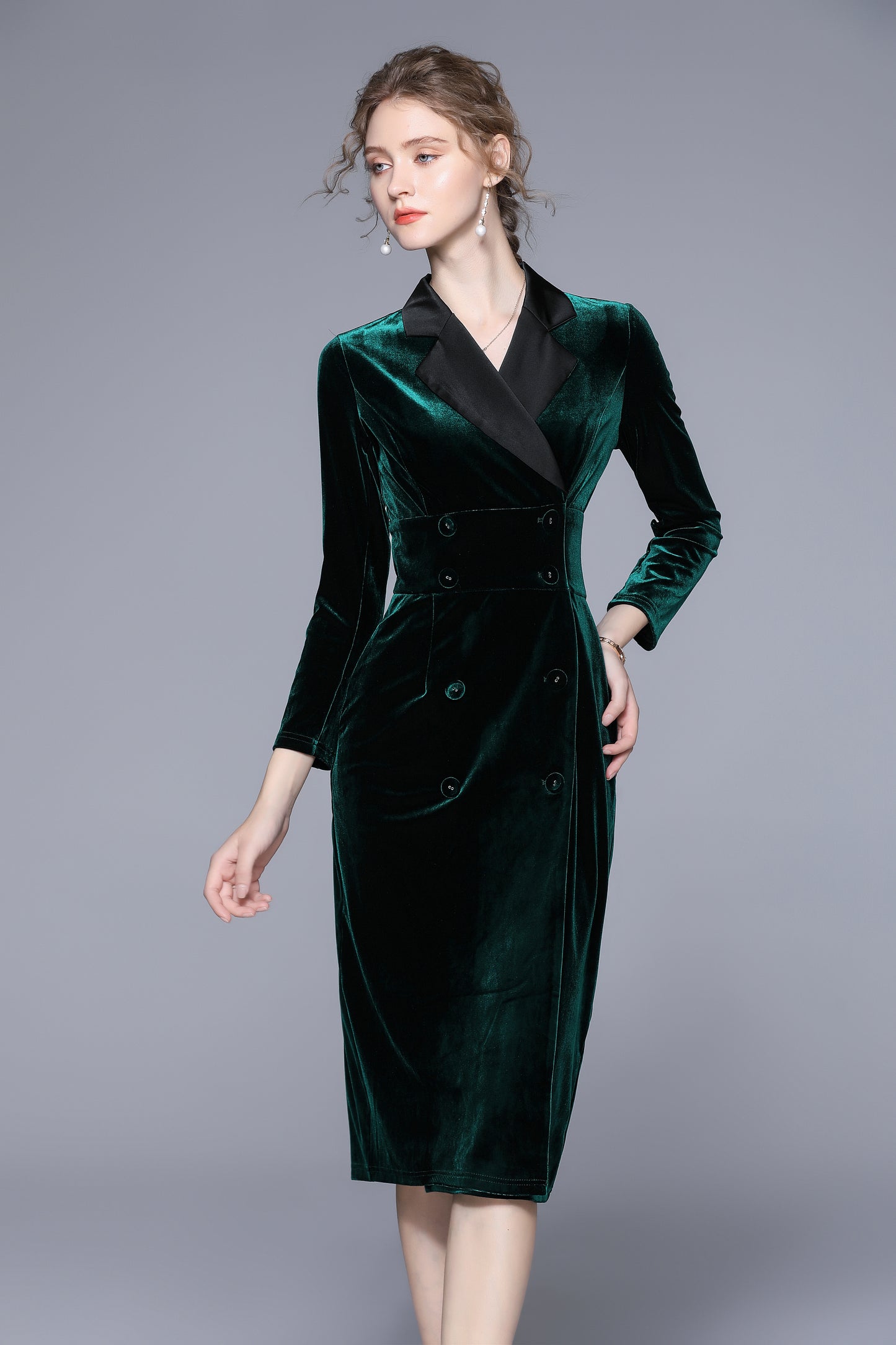 Women's velvet double-breasted notched collar bodycon midi dress