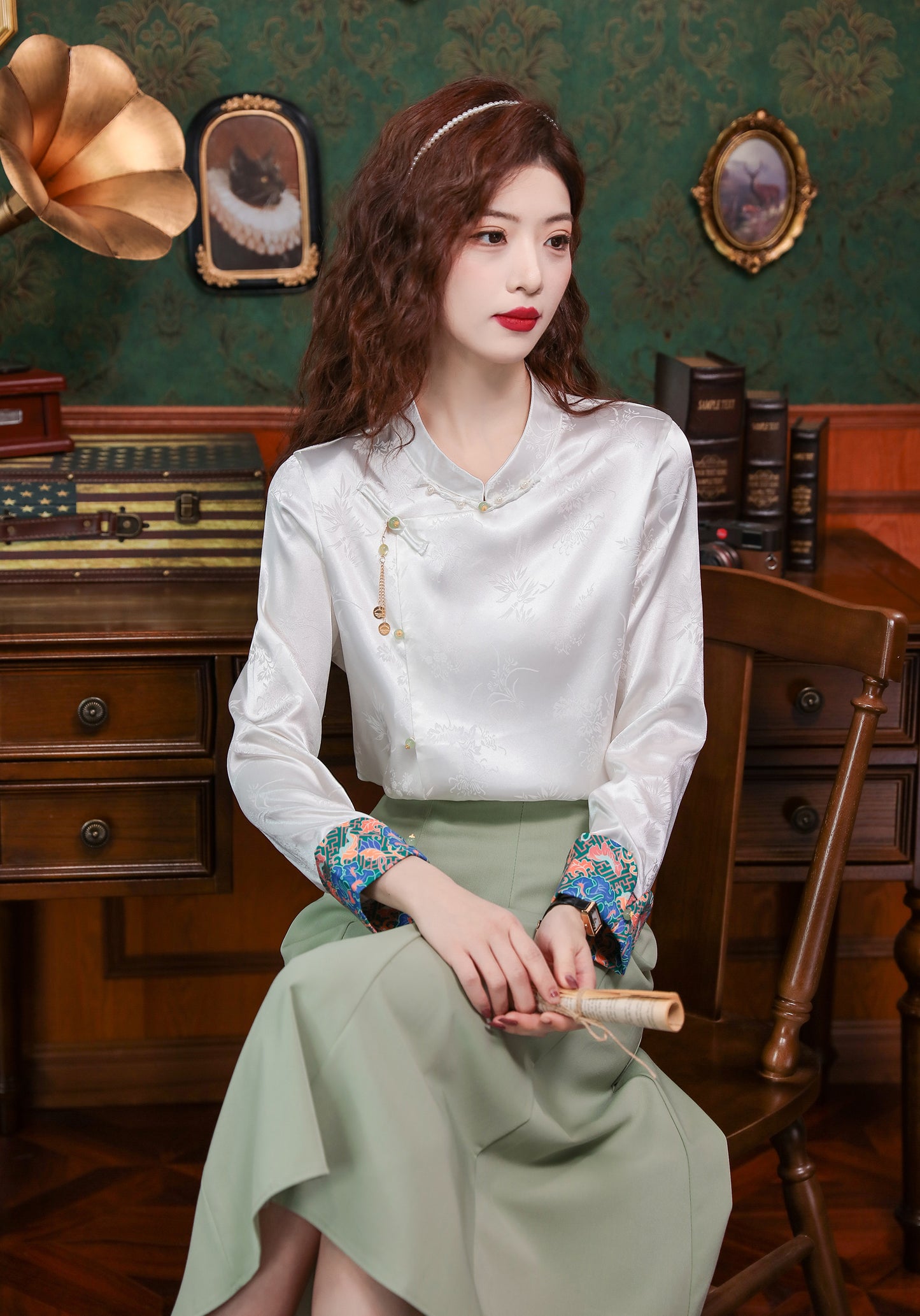 Women's Silk Satin Top Embroidered  Jacquard Shirt