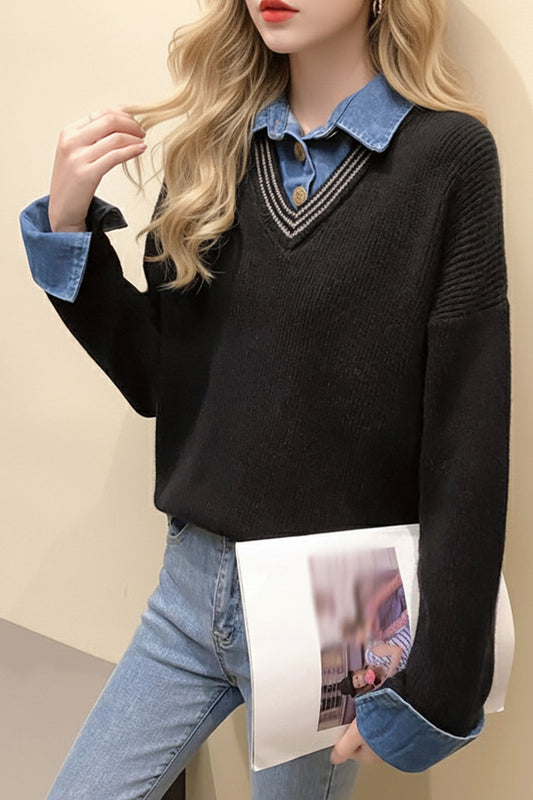 Women's Long Sleeve Sweater Denim Patchwork Outfits