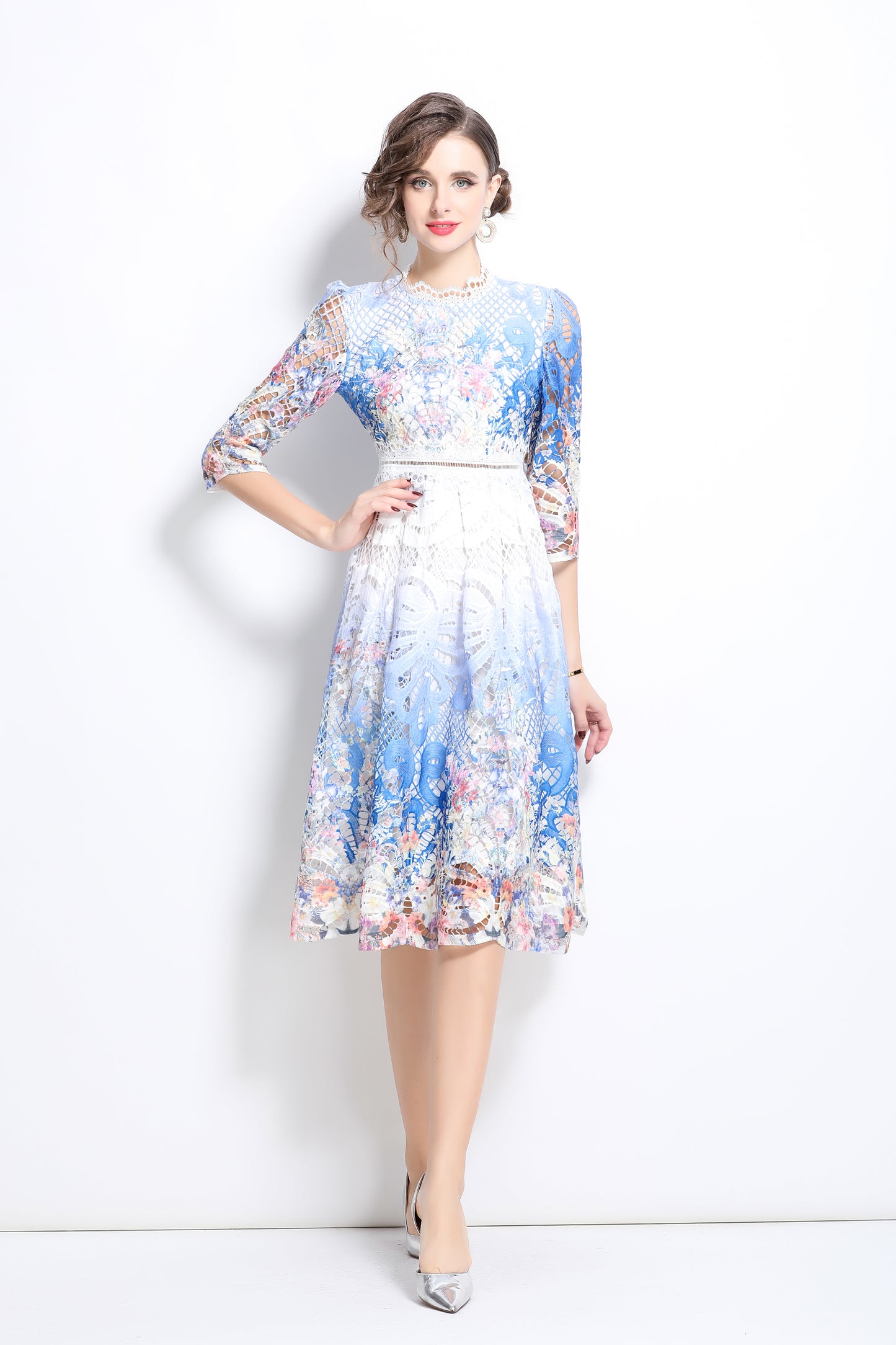 Women's Floral Lace Cocktail Party Swing Midi Dress