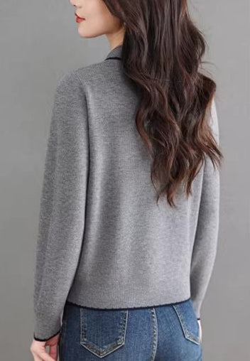 Contrast Trim Bow Collar Knit Top Long Sleeve Soft Sweater