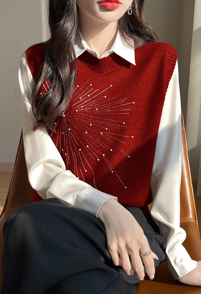 Women's 2 in 1 Round Neck Soft Sweater Top Chic Layering Office Casual